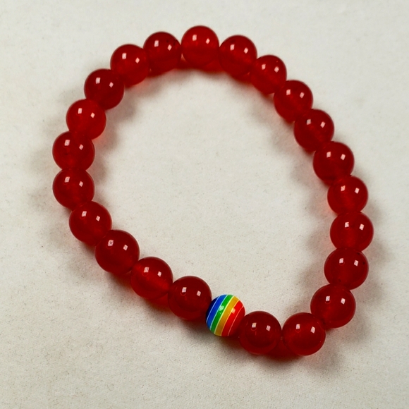 Red Agate Crystal Gemstone Round Beads Stretch Bracelet with One Rainbow … - Picture 5 of 5